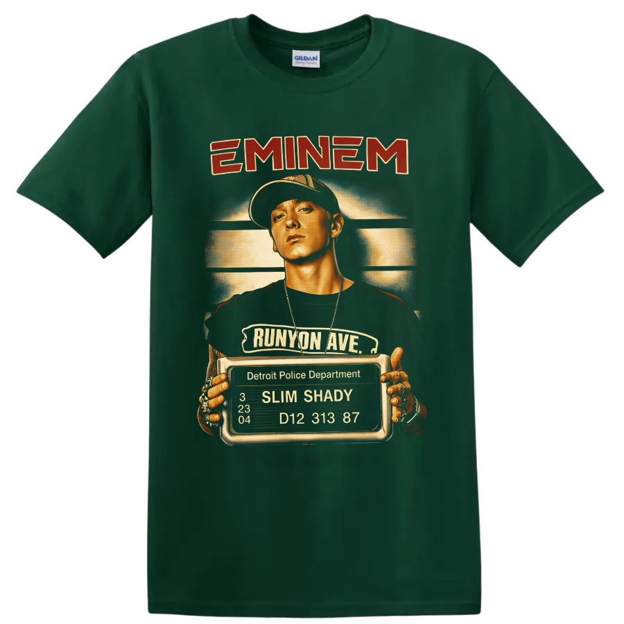 Eminem Slim Shady portrait with Runyon Ave sign and Detroit booking board on a Forest Green T Shirt