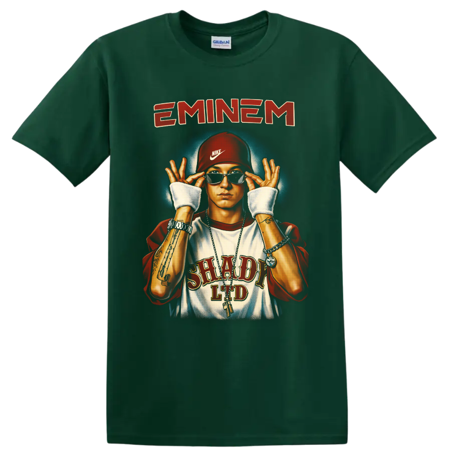 Eminem portrait illustration with sunglasses, red cap, chains, and retro lettering on a Forest Green T Shirt