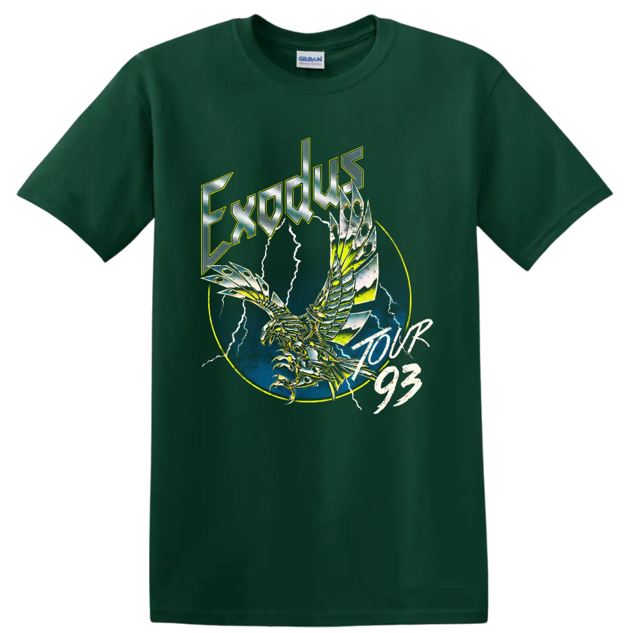 Exodus Tour 93 mechanical eagle with lightning and blue circular metal artwork on a Forest Green T Shirt