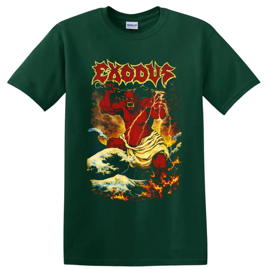 Exodus red demon with sword, lightning, ocean waves, fire, and distressed logo on a Forest Green T Shirt