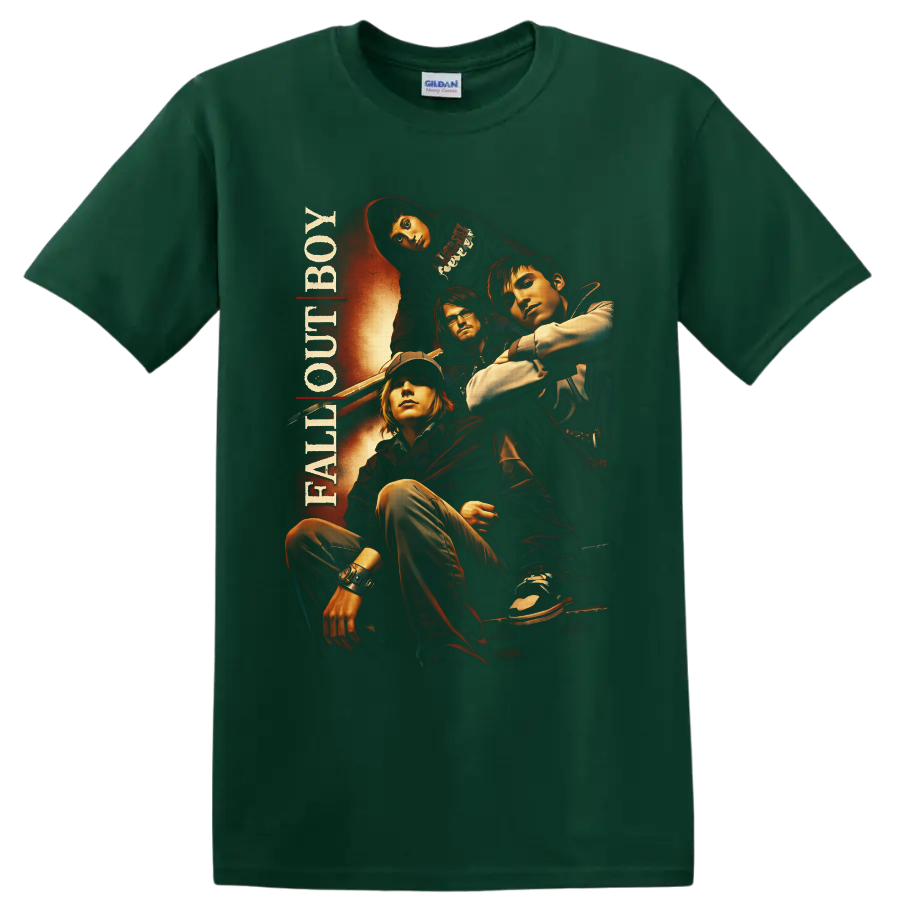 Fall Out Boy four-member portrait in fiery retro rock poster style with vertical band text on a Forest Green T Shirt