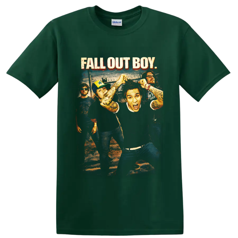 Fall Out Boy band photo with distressed red-shadowed lettering and punk rock styling on a Forest Green T Shirt