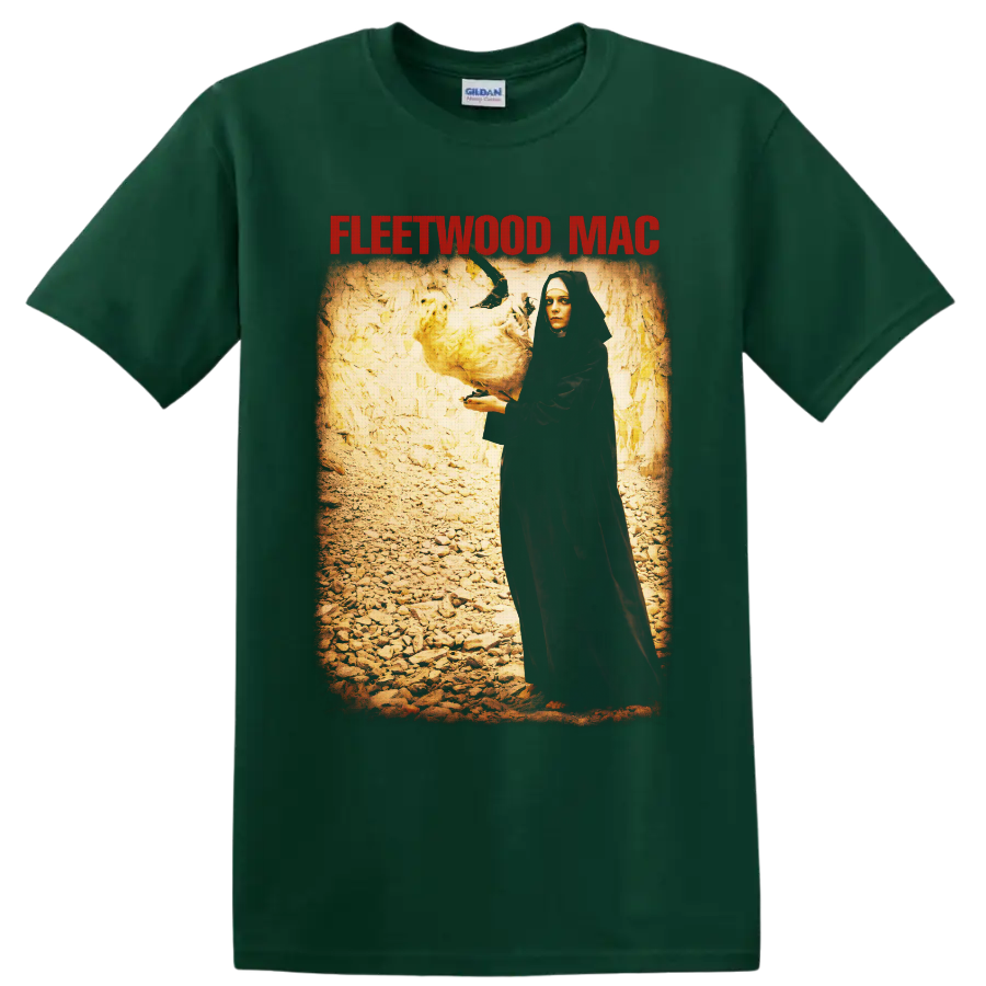 Fleetwood Mac gothic hooded figure and white dove vintage rock artwork on a Forest Green T Shirt