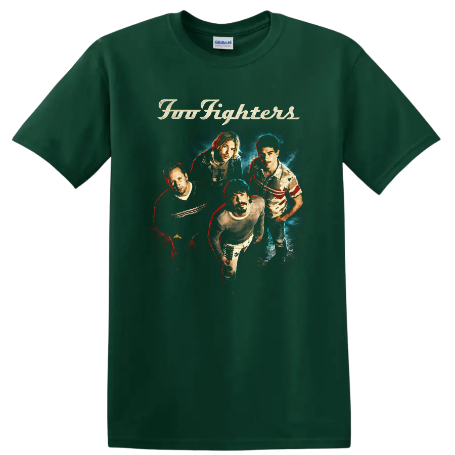 Foo Fighters four-member portrait with cream script and red-blue concert lighting on a Forest Green T Shirt