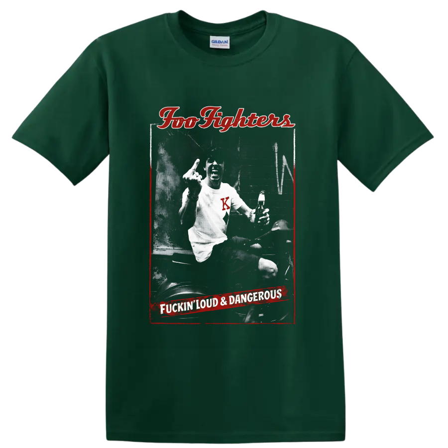 Dave Grohl scooter rider in distressed Foo Fighters red and black rock poster art on a Forest Green T Shirt