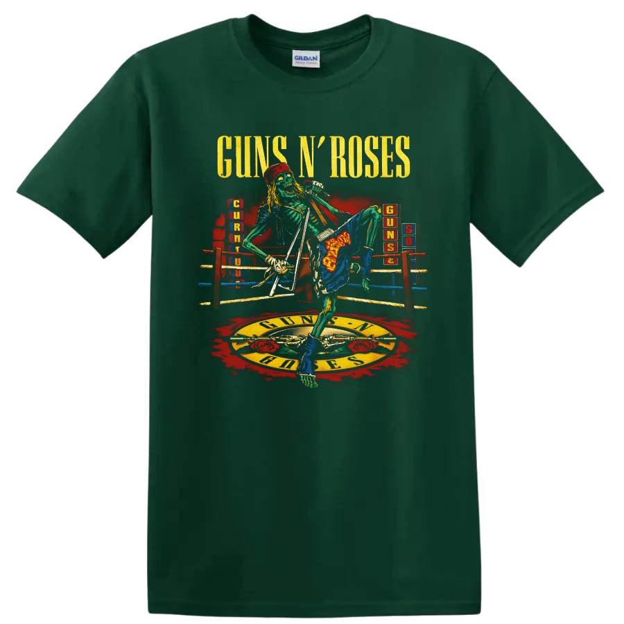 Guns N' Roses skeleton singer in a boxing ring with roses and crossed pistols on a Forest Green T Shirt