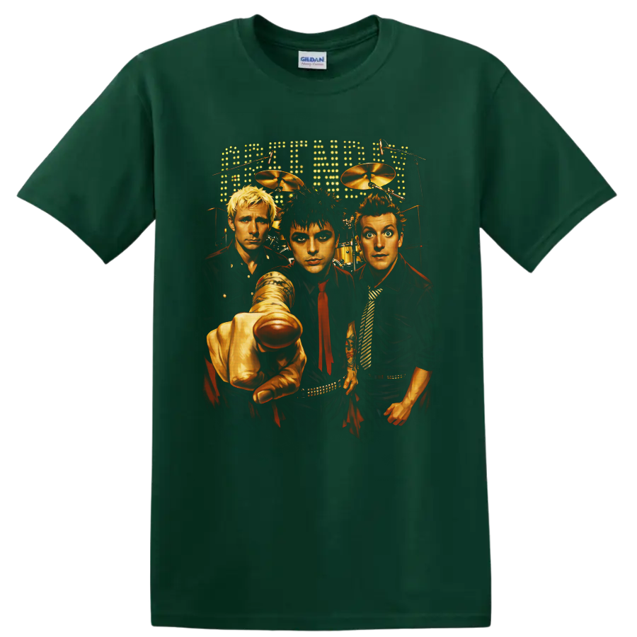 Green Day trio stage portrait with drums, microphones, and glowing marquee lights on a Forest Green T Shirt