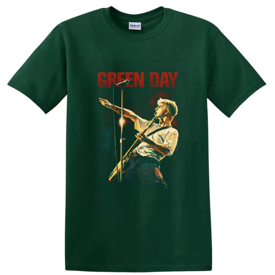 Billie Joe Armstrong concert illustration with guitar, microphone, and GREEN DAY text on a Forest Green T Shirt