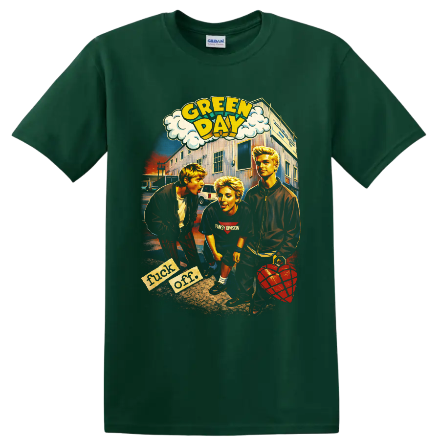 Green Day American Idiot comic street scene with three figures and heart grenade on a Forest Green T Shirt