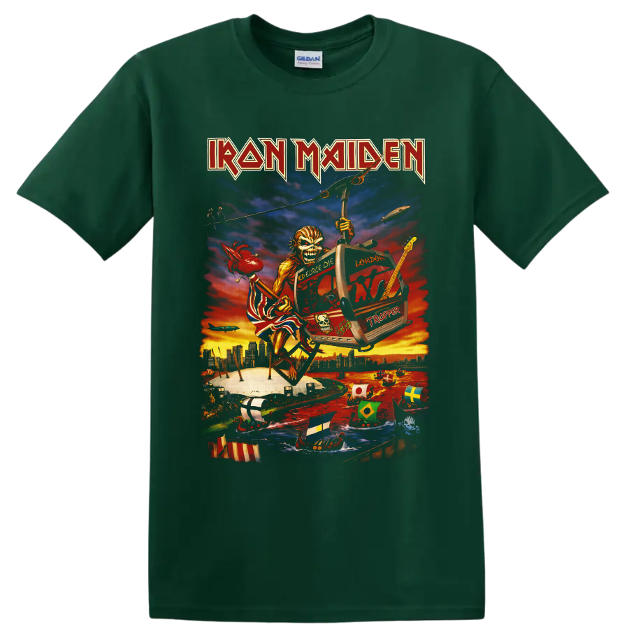 Iron Maiden Eddie airship illustration over London with guitar, longships, and sunset on a Forest Green T Shirt