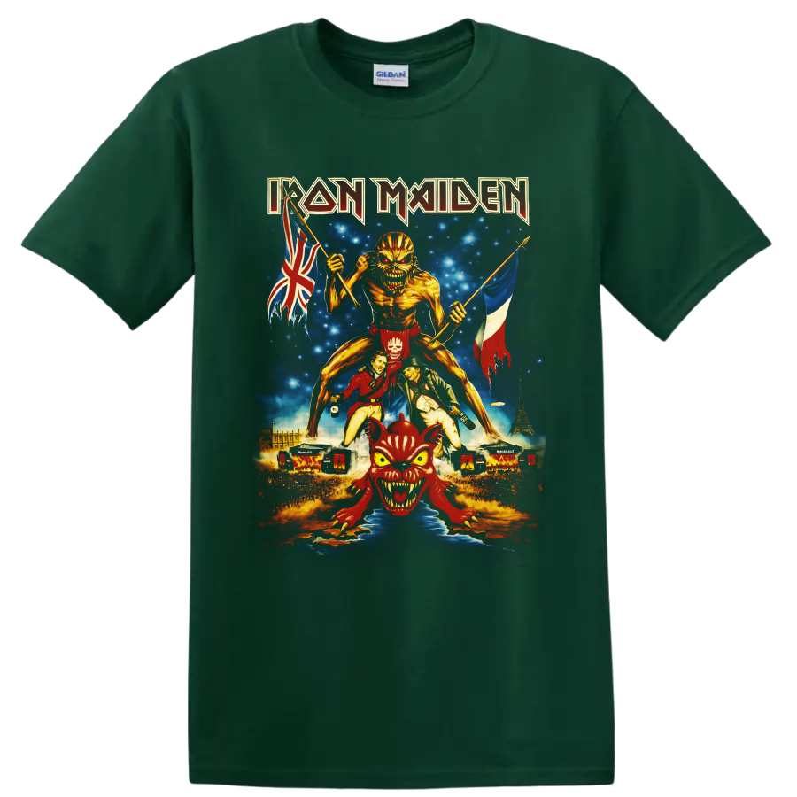 Iron Maiden Eddie Book of Souls tour art with British and French flags and Paris skyline on a Forest Green T Shirt