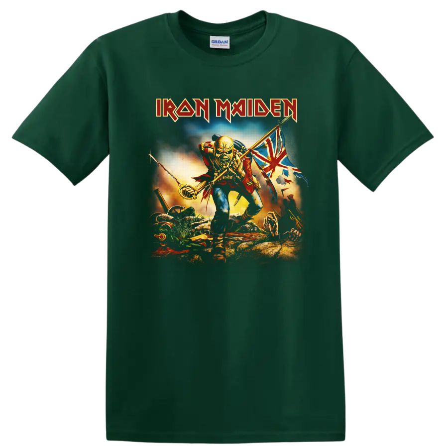 Iron Maiden The Trooper Eddie skeletal soldier with saber and tattered battle flag on a Forest Green T Shirt