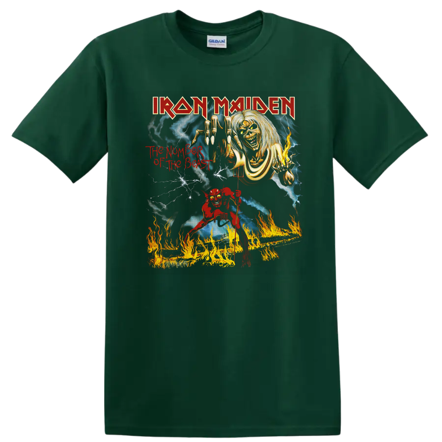 Iron Maiden The Number of the Beast Eddie horror art with lightning and flames on a Forest Green T Shirt