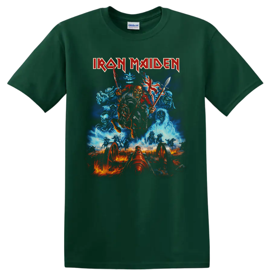 Iron Maiden Eddie skeletal cavalry rider with cannon and ghostly battlefield artwork on a Forest Green T Shirt