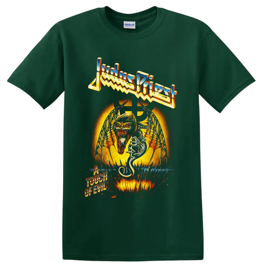 Judas Priest A Touch of Evil demon and snake heavy metal artwork on a Forest Green T Shirt