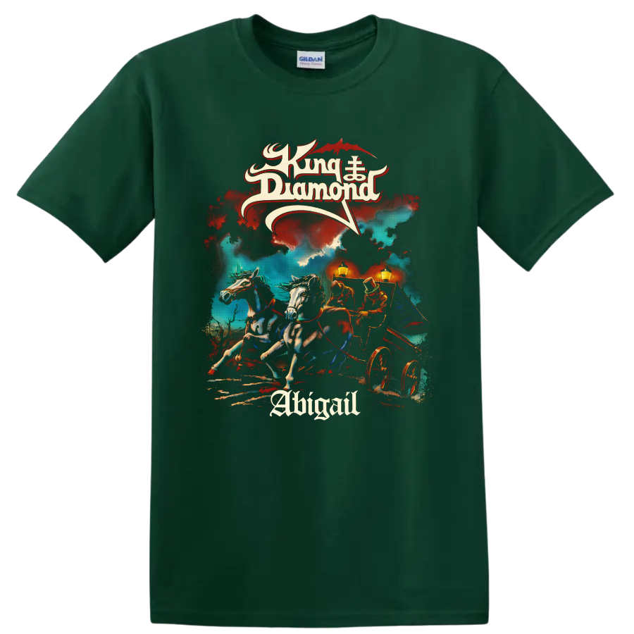 King Diamond Abigail gothic horse-drawn carriage artwork with storm clouds and lanterns on a Forest Green T Shirt