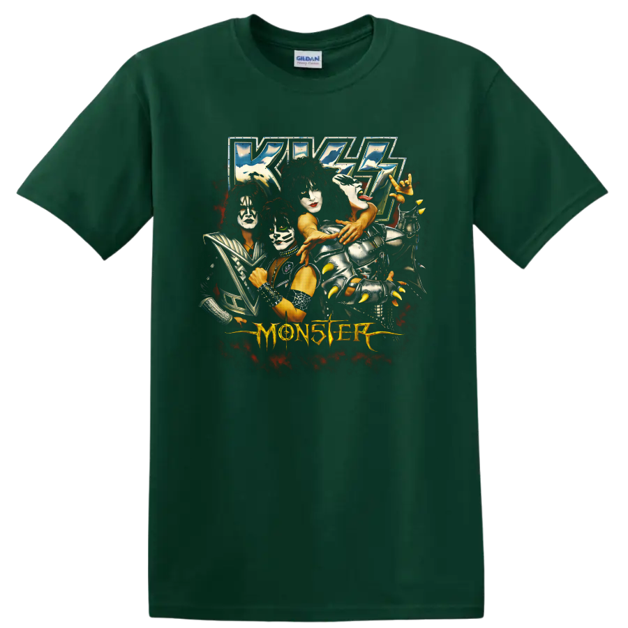 KISS Monster album artwork with four face-painted performers and fiery red smoke on a Forest Green T Shirt