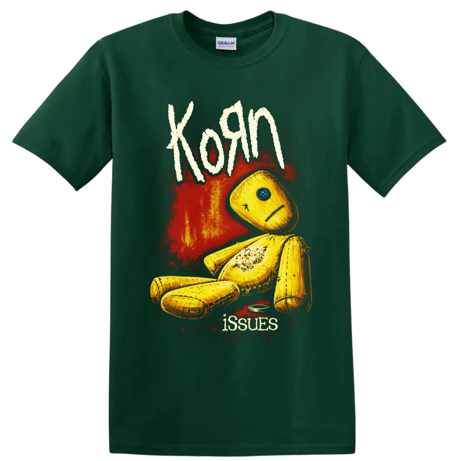 Korn Issues yellow stitched doll with blue button eye and red distressed artwork on a Forest Green T Shirt