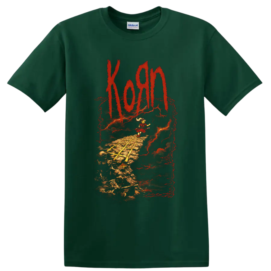 Korn Follow the Leader art with child, skeleton path, red lightning and distressed logo on a Forest Green T Shirt