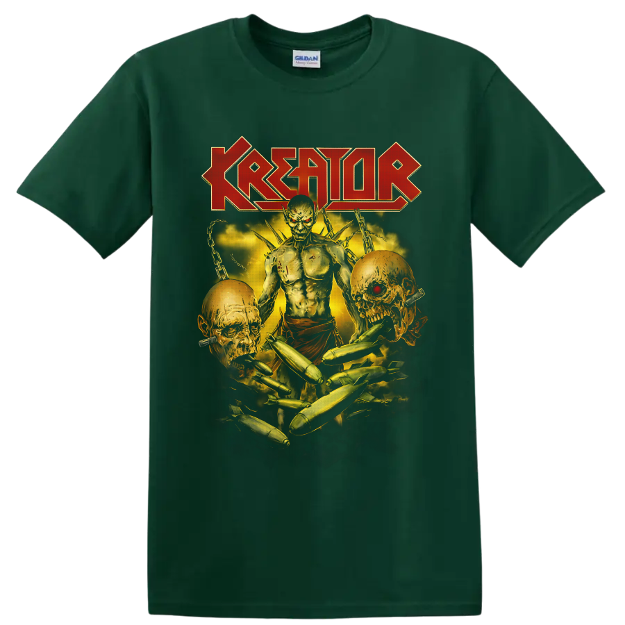 Kreator logo above undead warrior, skulls, chains, smoke, and bomb horror artwork on a Forest Green T Shirt