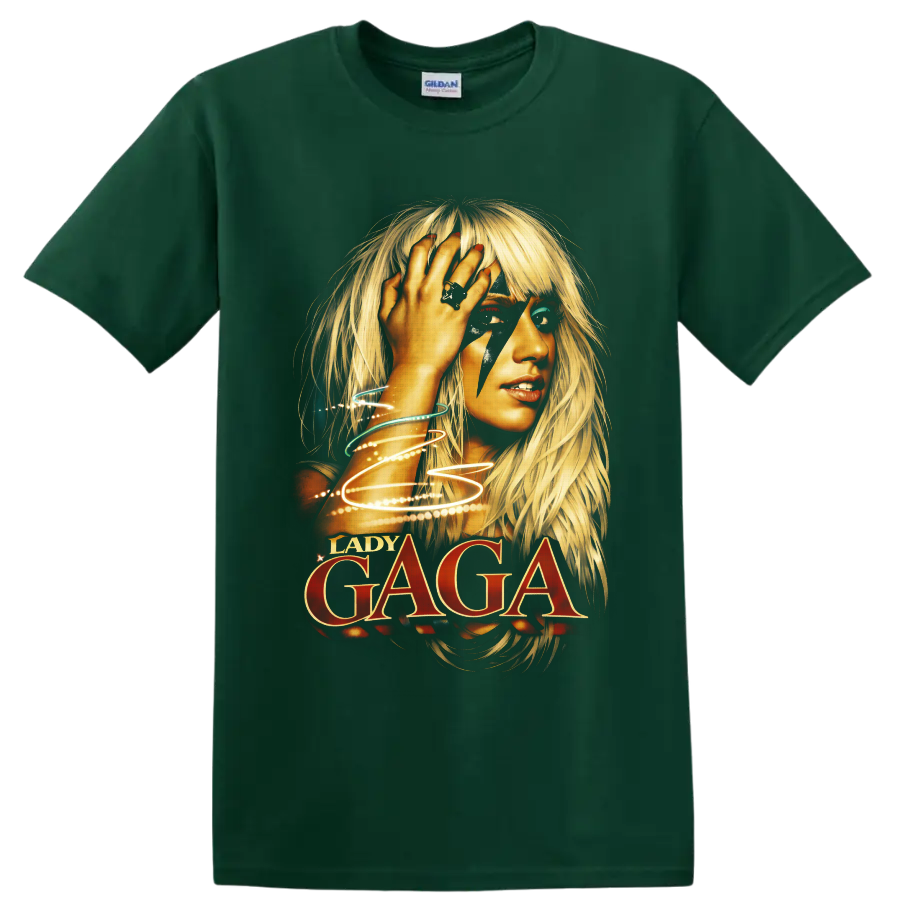 Lady Gaga portrait with lightning makeup, glowing light trails, and bold red lettering on a Forest Green T Shirt