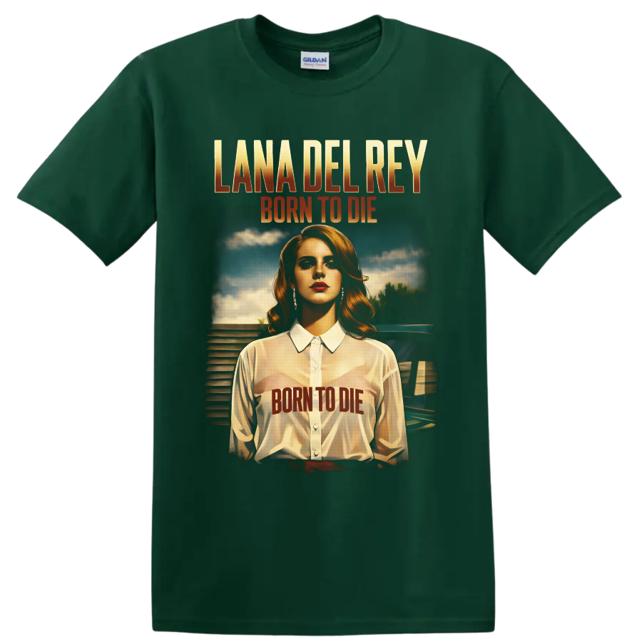 Lana Del Rey Born to Die retro portrait with distressed album lettering and vintage car on a Forest Green T Shirt