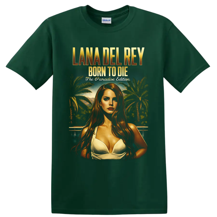 Lana Del Rey Born to Die Paradise Edition tropical portrait with palm trees and pool on a Forest Green T Shirt