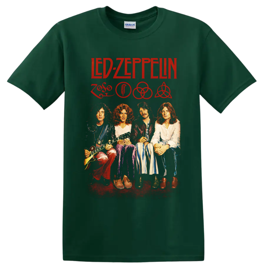 Led Zeppelin four-member portrait with red logo, symbols, and vintage rock poster style on a Forest Green T Shirt