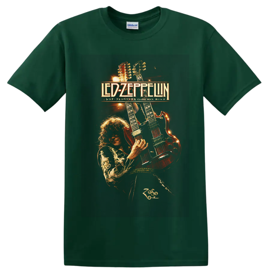 Jimmy Page with double-neck guitar in fiery Led Zeppelin concert poster art on a Forest Green T Shirt