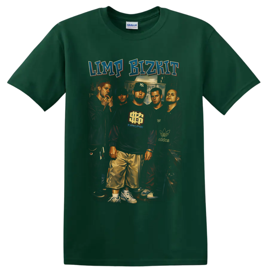 Limp Bizkit illustrated group portrait with bold collegiate-style logo lettering on a Forest Green T Shirt