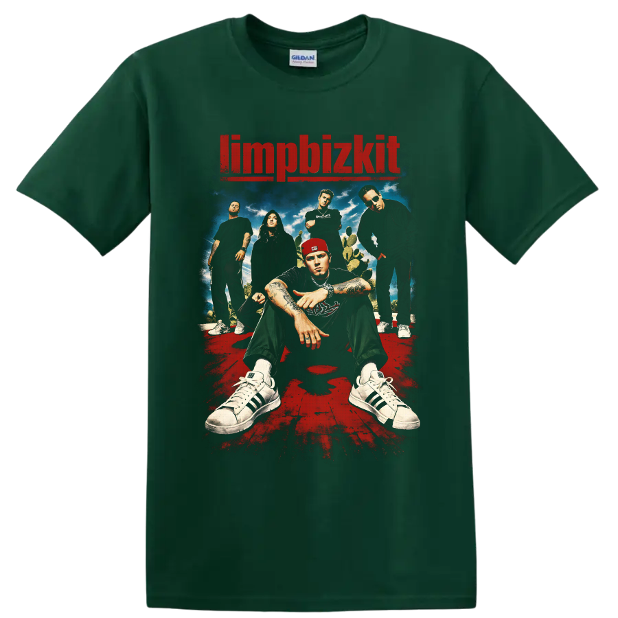 Limp Bizkit band portrait with Fred Durst, distressed red logo, cacti, and poster art on a Forest Green T Shirt