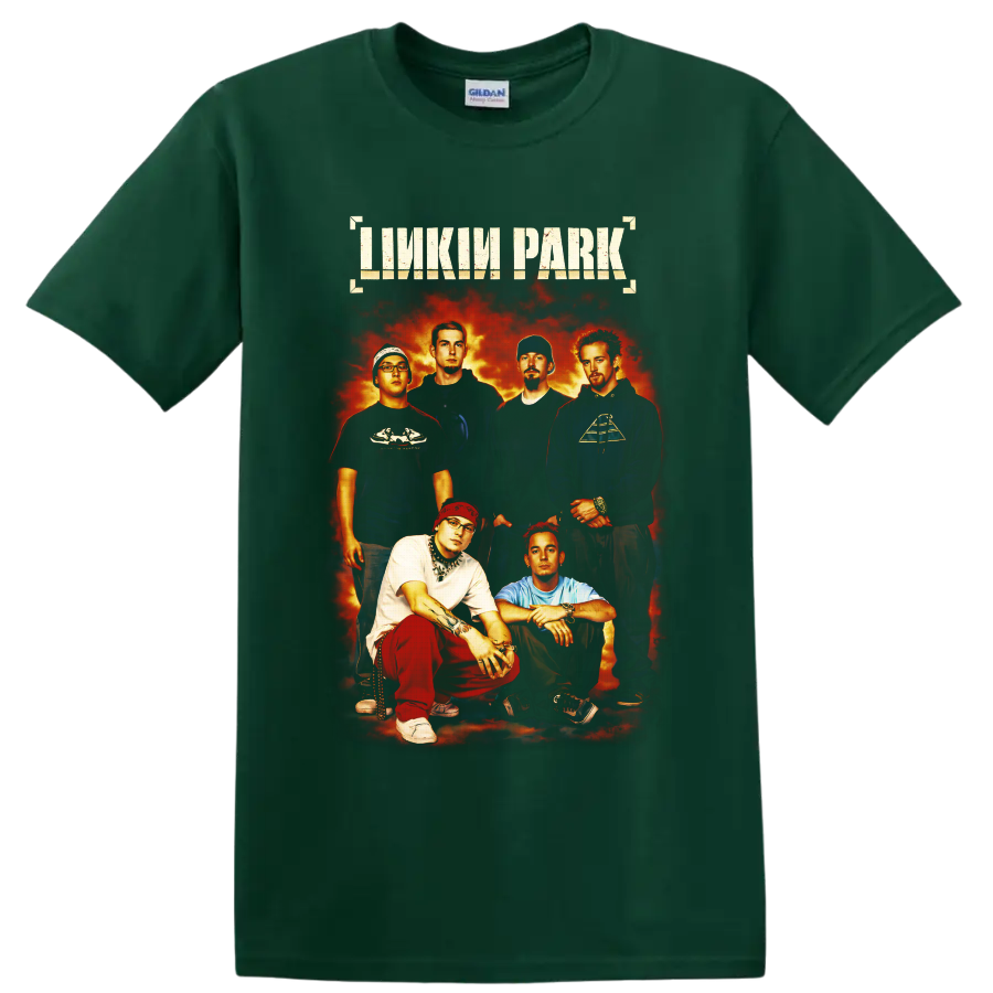 Linkin Park six-member portrait with distressed lettering and fiery rock poster backdrop on a Forest Green T Shirt