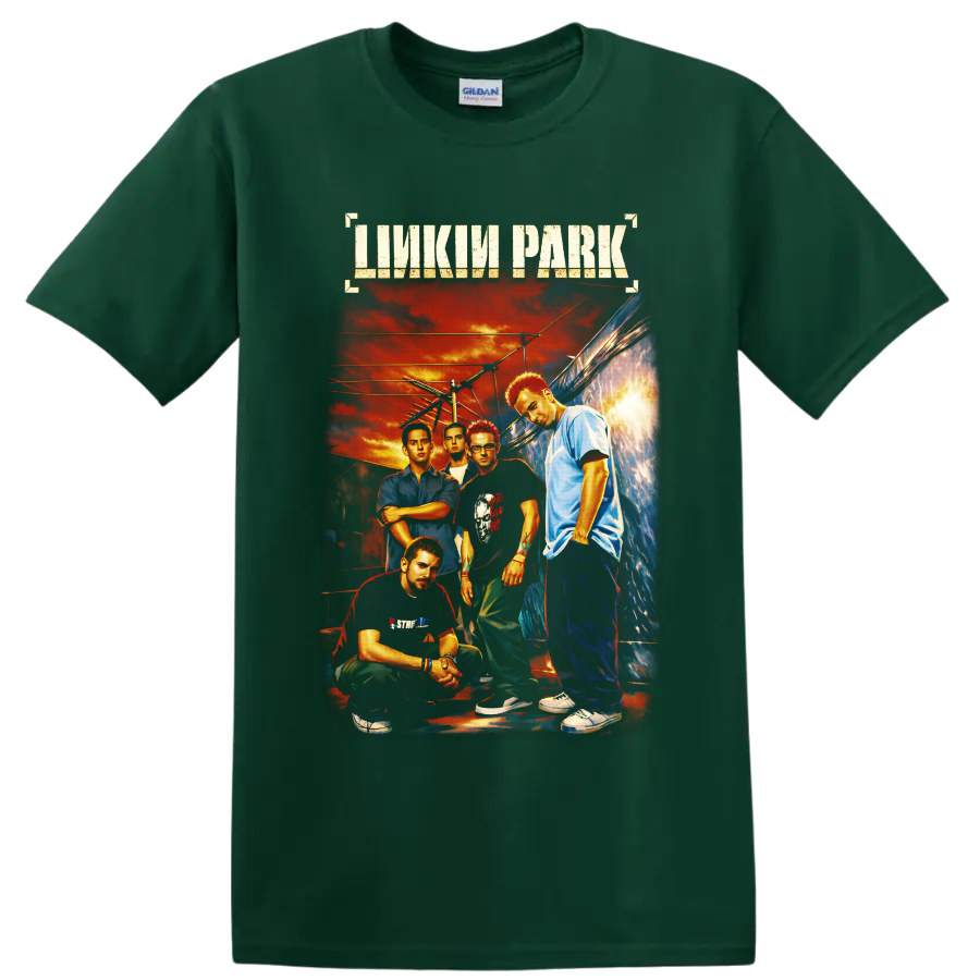 Linkin Park band portrait with distressed logo, urban alley, power lines, and fiery sunset on a Forest Green T Shirt