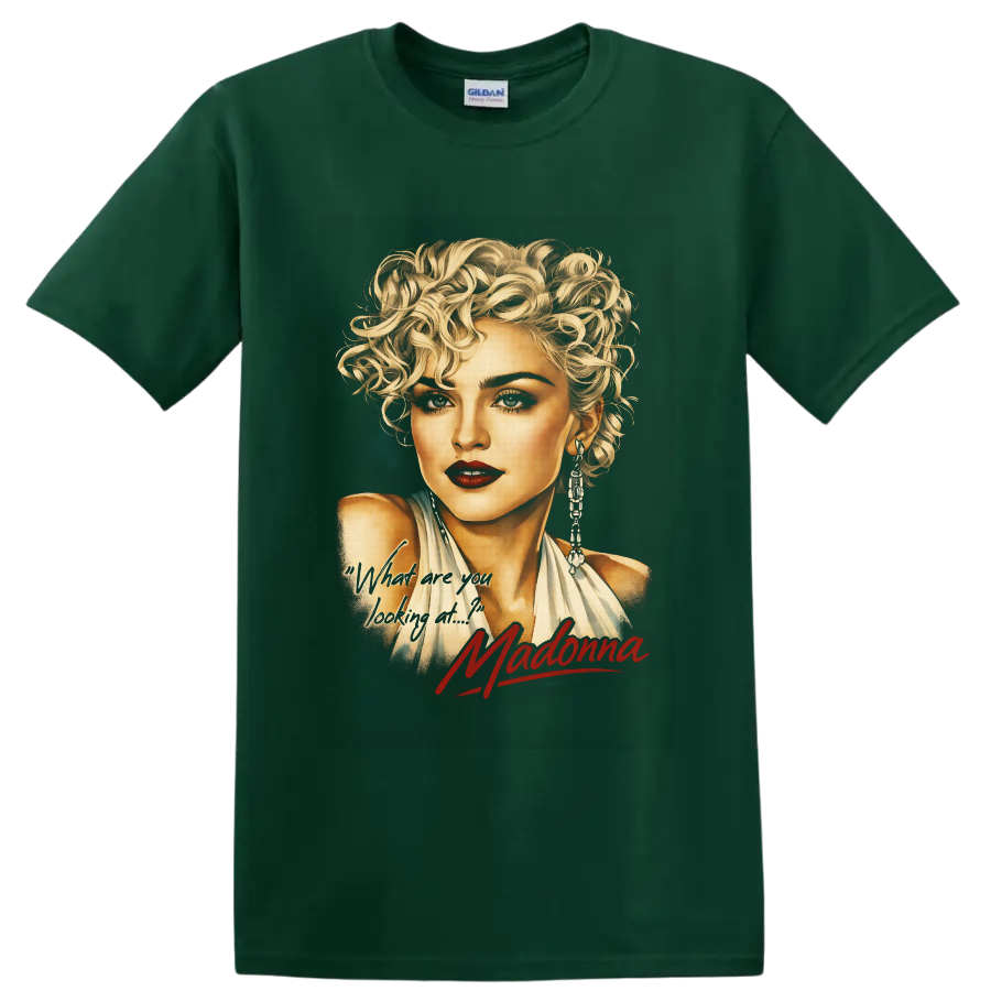 Madonna blonde glamour portrait with red signature and handwritten phrase on a Forest Green T Shirt
