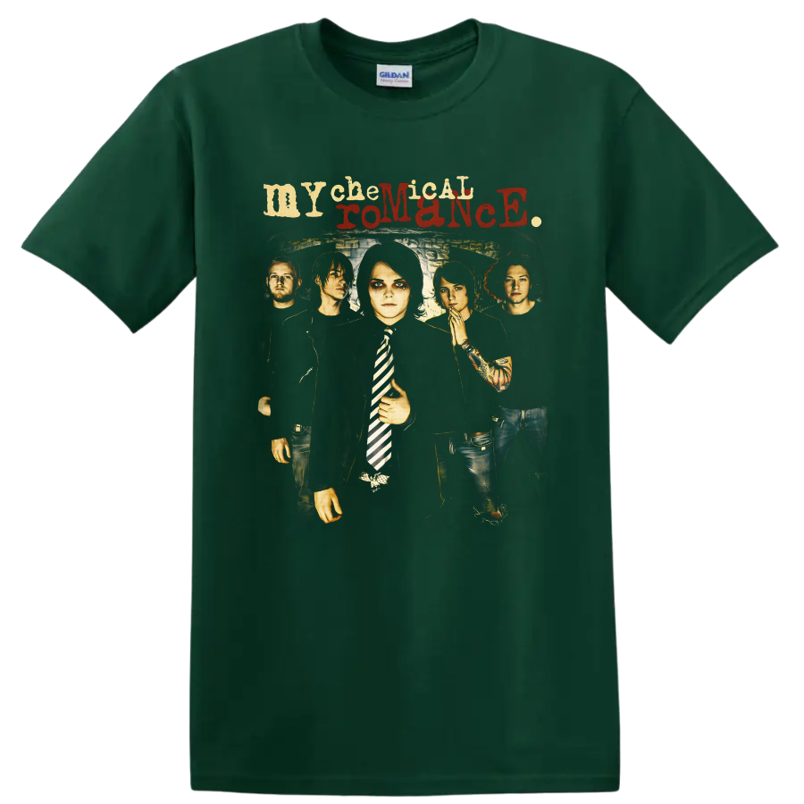 My Chemical Romance five-member gothic band portrait with distressed lettering on a Forest Green T Shirt