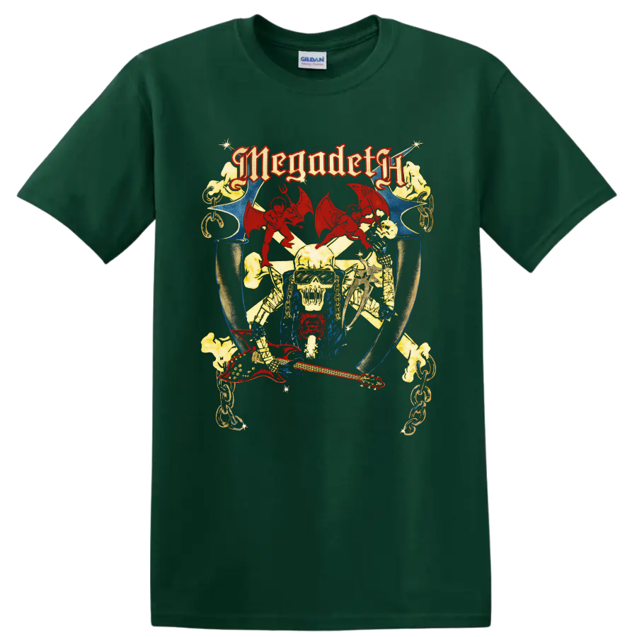 Megadeth Vic Rattlehead vintage metal art with red guitar, chains, demons, and skull on a Forest Green T Shirt