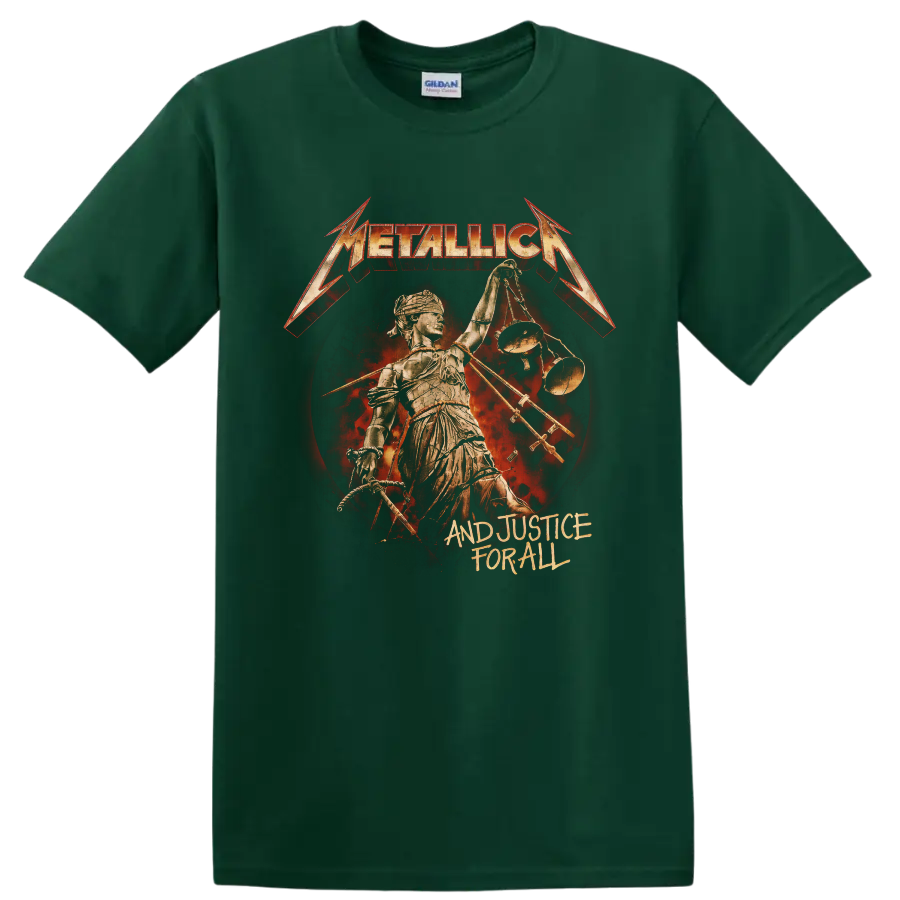Metallica And Justice for All Lady Justice scales distressed album artwork on a Forest Green T Shirt