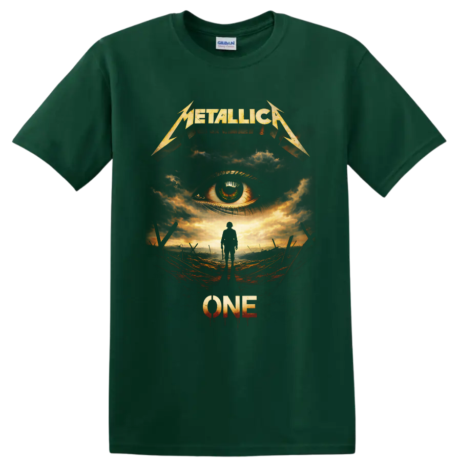 Metallica One distressed graphic with soldier, watchful eye, storm clouds, and battlefield on a Forest Green T Shirt