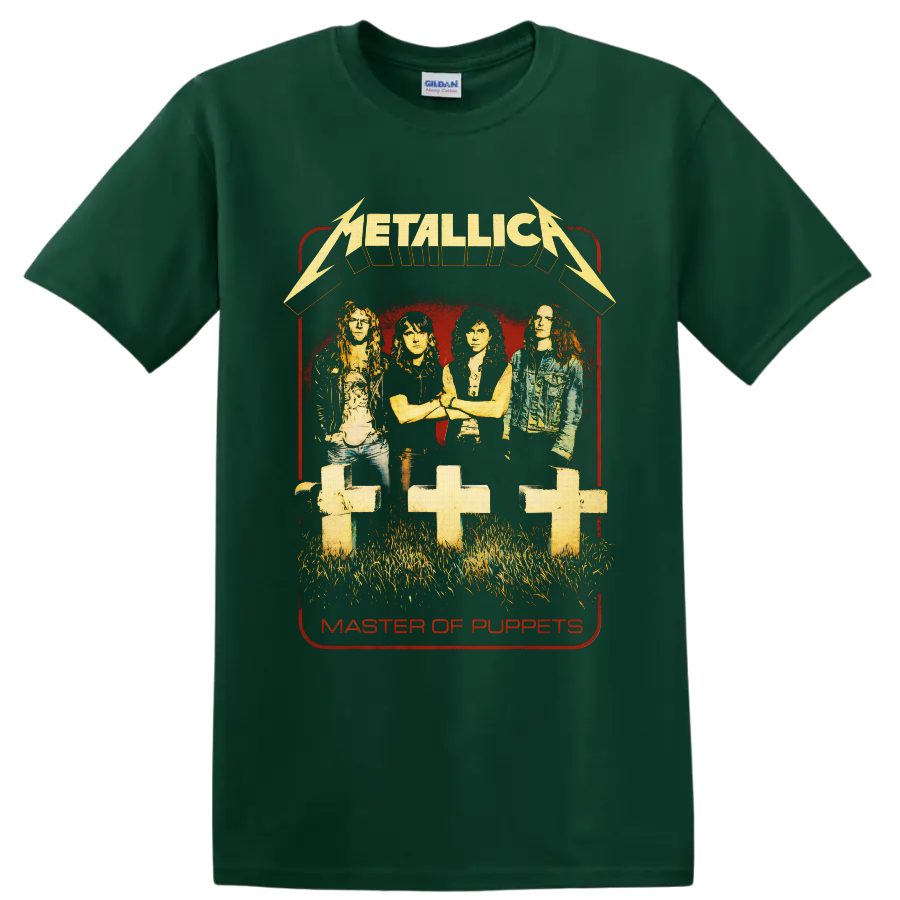 Metallica Master of Puppets band portrait with graveyard crosses and distressed logo on a Forest Green T Shirt