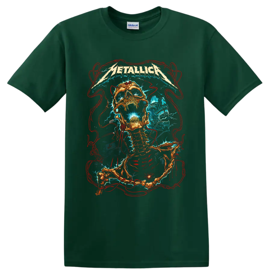 Metallica logo above fiery skeleton and blue skull lightning heavy metal artwork on a Forest Green T Shirt