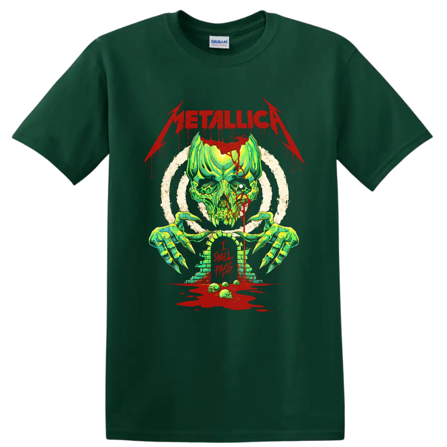 Metallica Creeping Death horror skull and claw graphic with I Shall Pass text on a Forest Green T Shirt