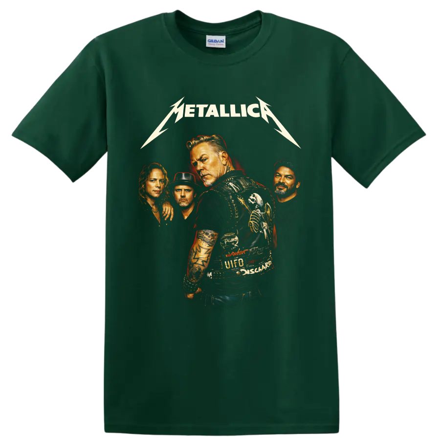 Metallica four-member portrait with lightning logo and vintage heavy metal poster art on a Forest Green T Shirt