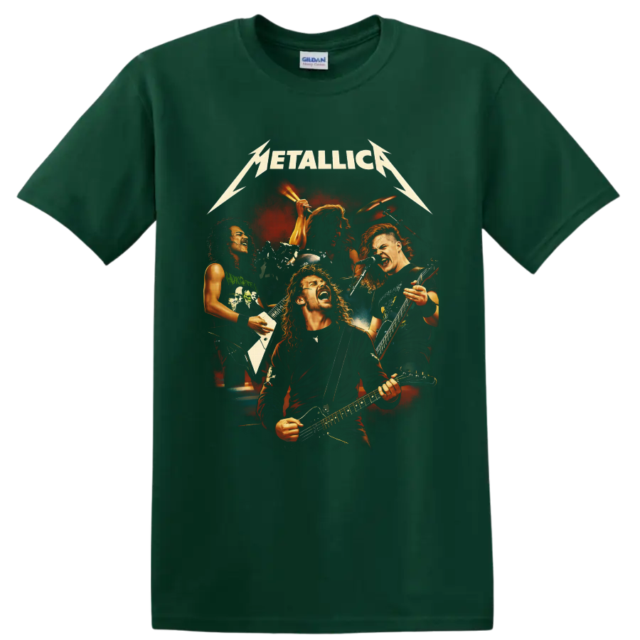 Metallica live concert collage with four musicians, guitars, drums, and fiery stage lights on a Forest Green T Shirt
