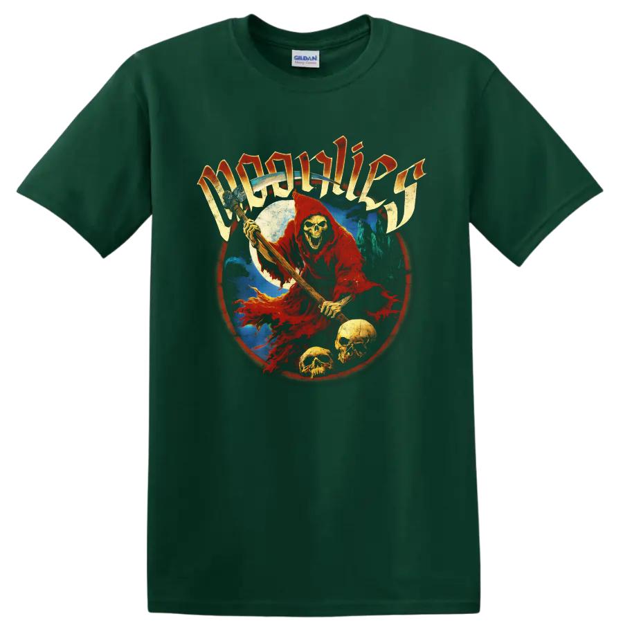 Moonlies red hooded skeletal reaper with skulls, moon, and gothic lettering on a Forest Green T Shirt