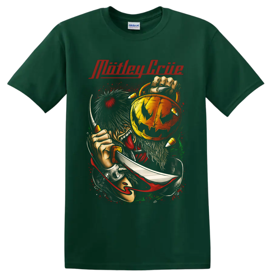 Mötley Crüe horror pumpkin with clawed figure, knife, and red splatter art on a Forest Green T Shirt