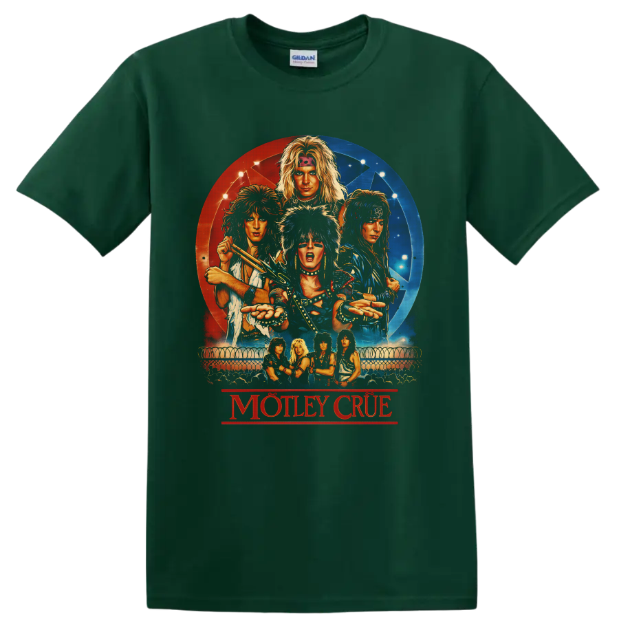 Mötley Crüe illustrated glam metal band portraits with red and blue concert poster on a Forest Green T Shirt