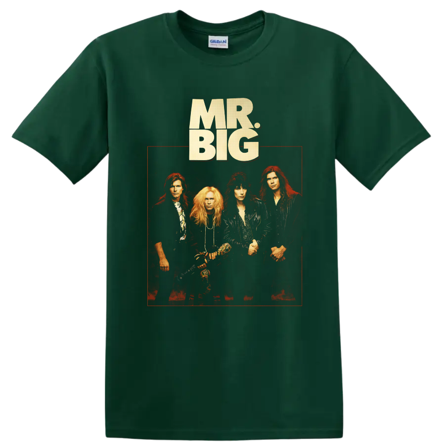 Mr. Big four-member hard rock portrait with cream logo and red concert-poster frame on a Forest Green T Shirt