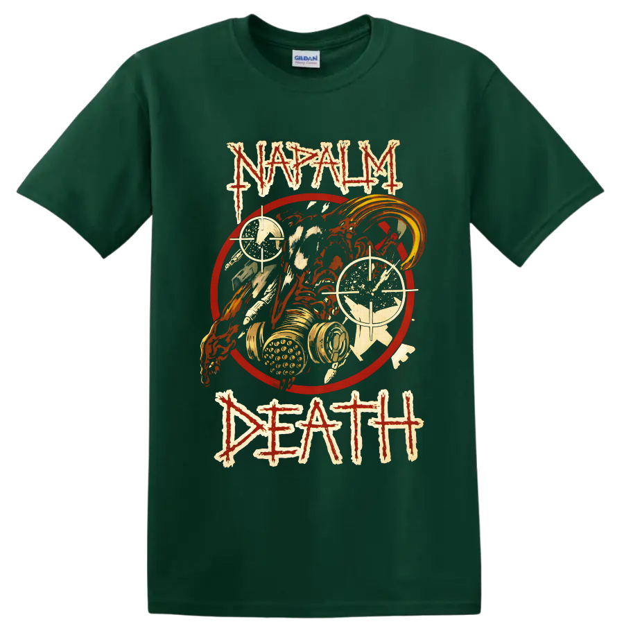 Napalm Death Life? distressed gas mask skull and crosshair death metal graphic on a Forest Green T Shirt