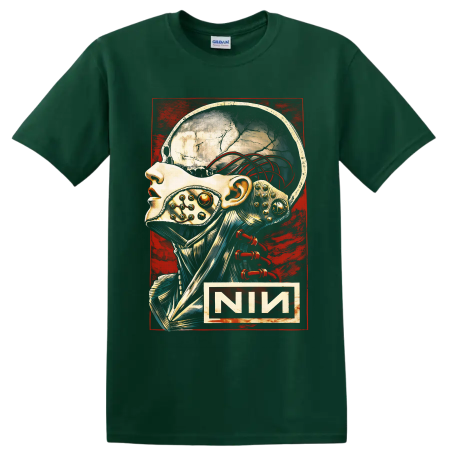 Nine Inch Nails cybernetic skull illustration with red wires and distressed industrial on a Forest Green T Shirt