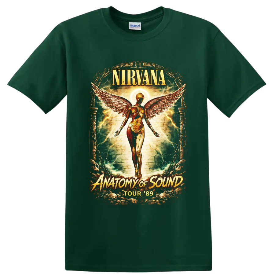 Nirvana Anatomy of Sound Tour 89 angel wings gothic concert-poster design on a Forest Green T Shirt